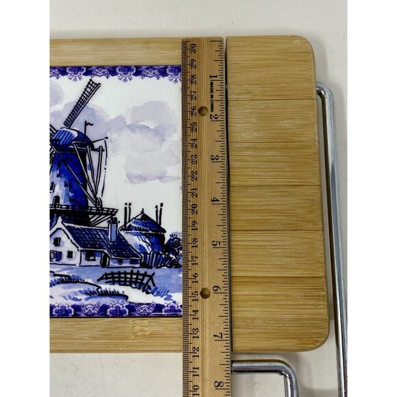 Vintage Delft Blue Windmill Tile Wooden Cheese Board With Slicing Blade Holland - Picture 5 of 8